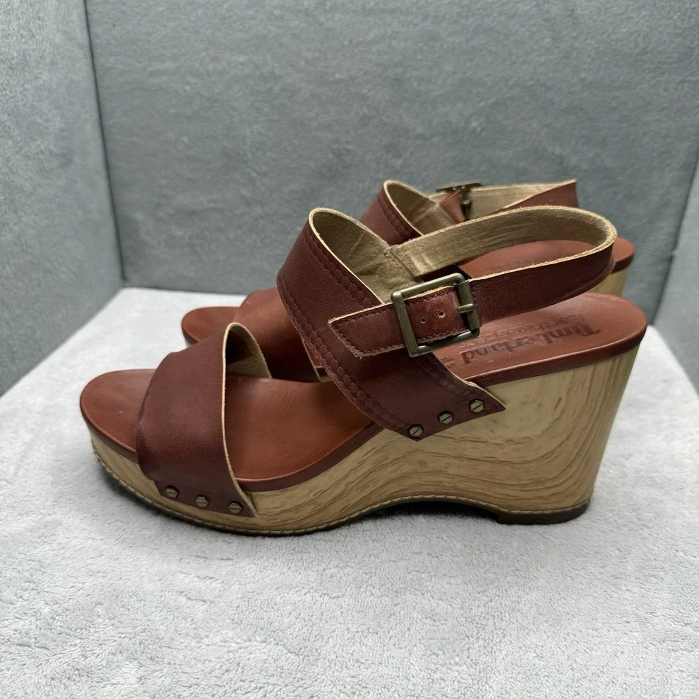 Timberland Earthkeepers Danforth Wedge Sandals Women's 10 Brown Leather 8158B